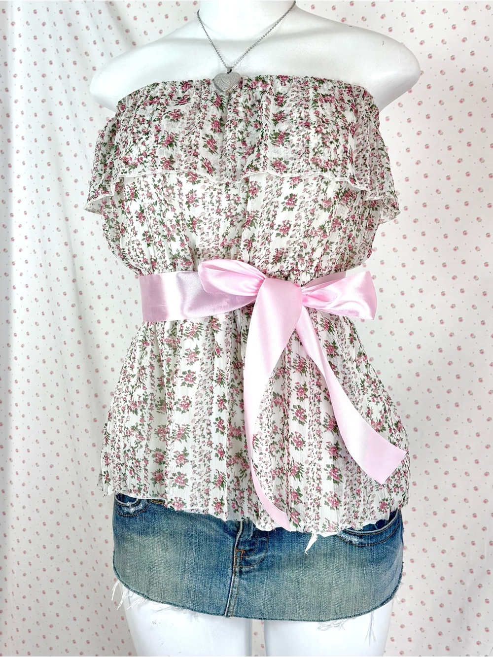 UK2LA White Floral Off-Shoulder Camisole with Pink Satin Waist Bow